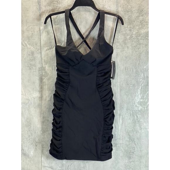 CITY STUDIO Juniors' Black Side Ruched V-Neck Cross Back Bodycon Mini Dress SZ M - Picture 3 of 14